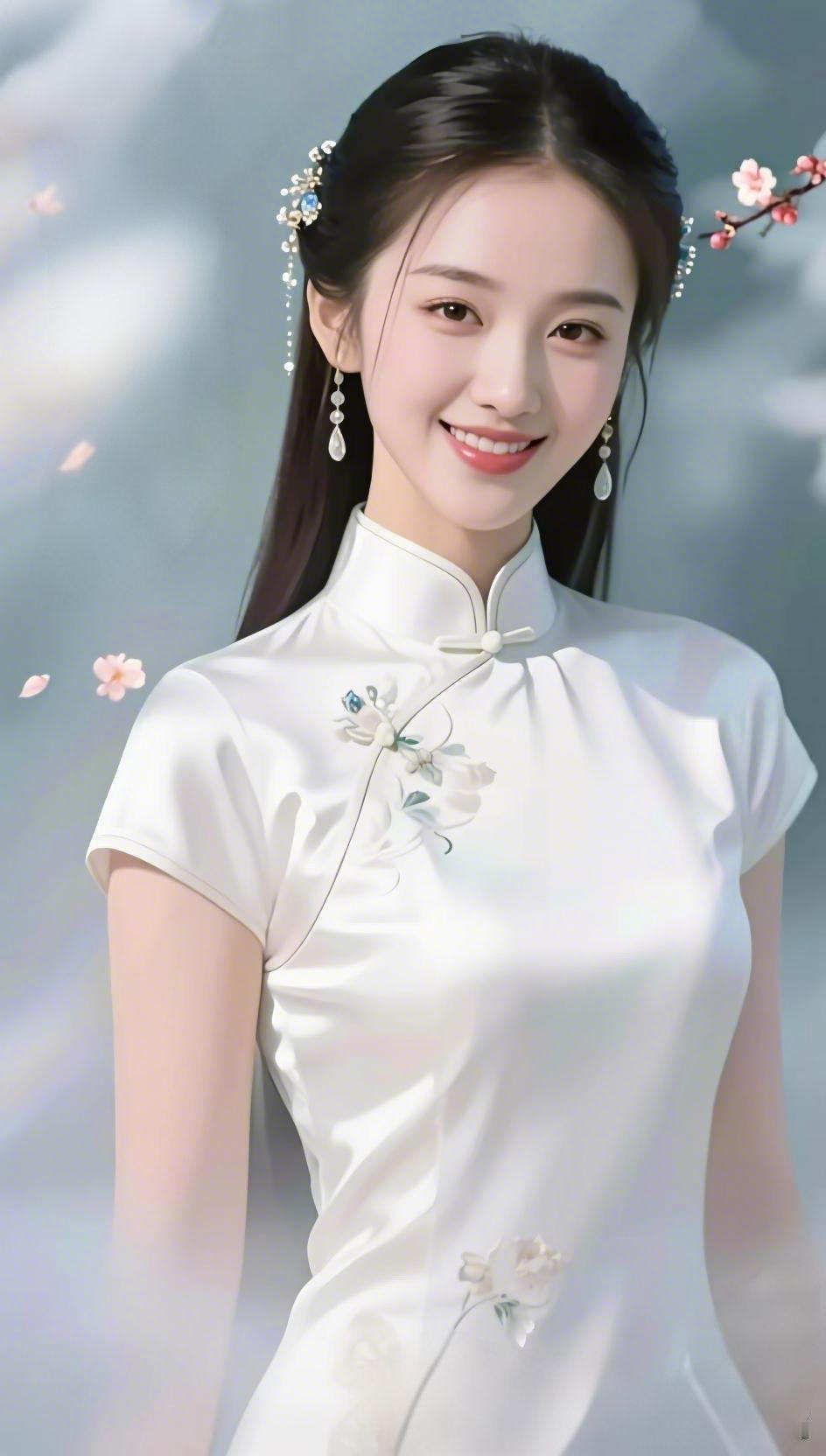 素衣裹春柔
 
软雾携浅光漫开时，月白旗袍浸在了春的清柔里。
 
领口玉色盘扣轻