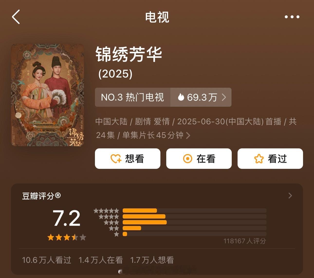 杨紫 李现《锦绣芳华》豆瓣开分7.2等下我去打5分支持一波，值得更高分[拳头] 