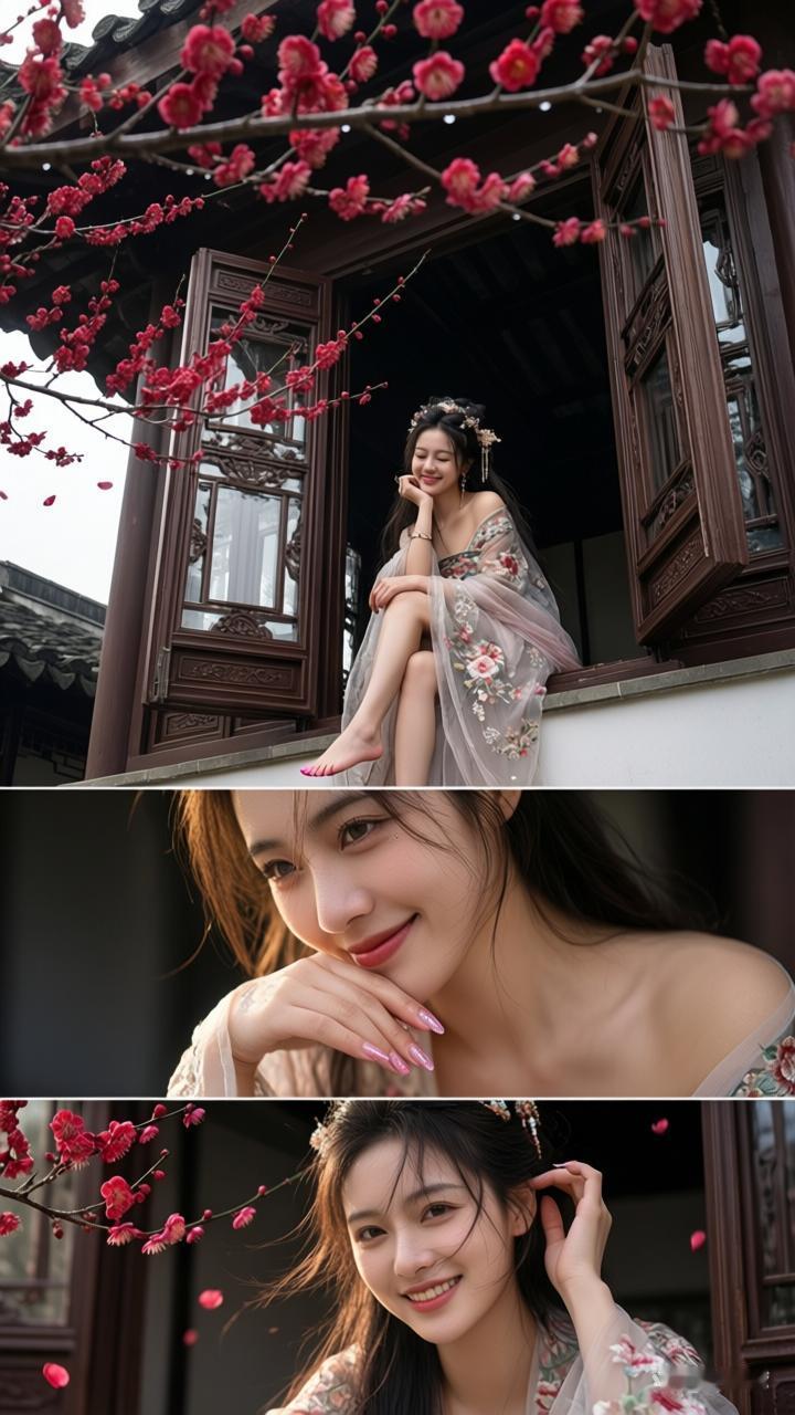 春日少女，花间漫步，古风雅韵，美不胜收。