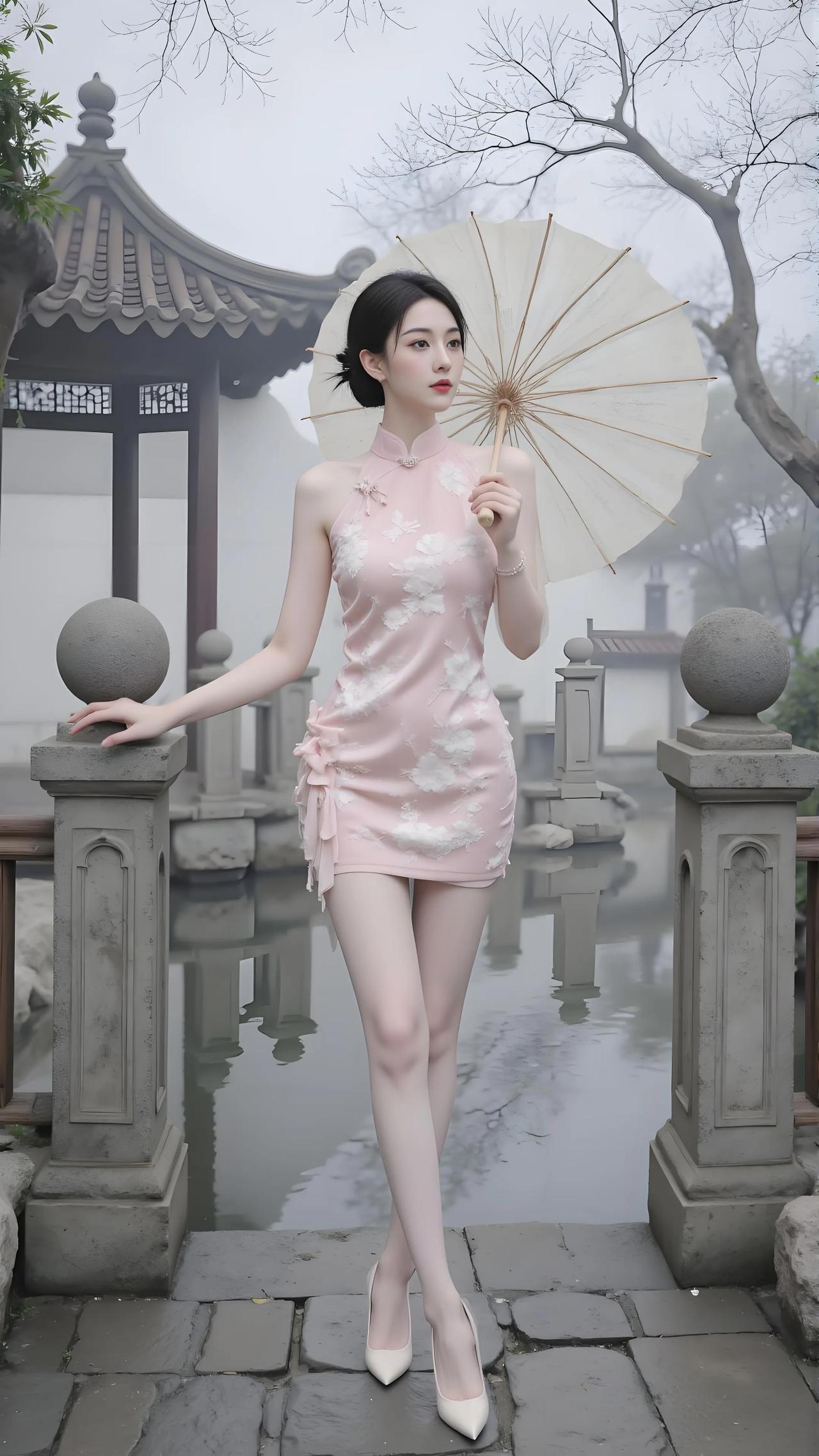 雾锁园林映粉裙，桥边持伞倚清芬。

桥头粉黛含烟立，伞映娇容半入云。

雾中移步