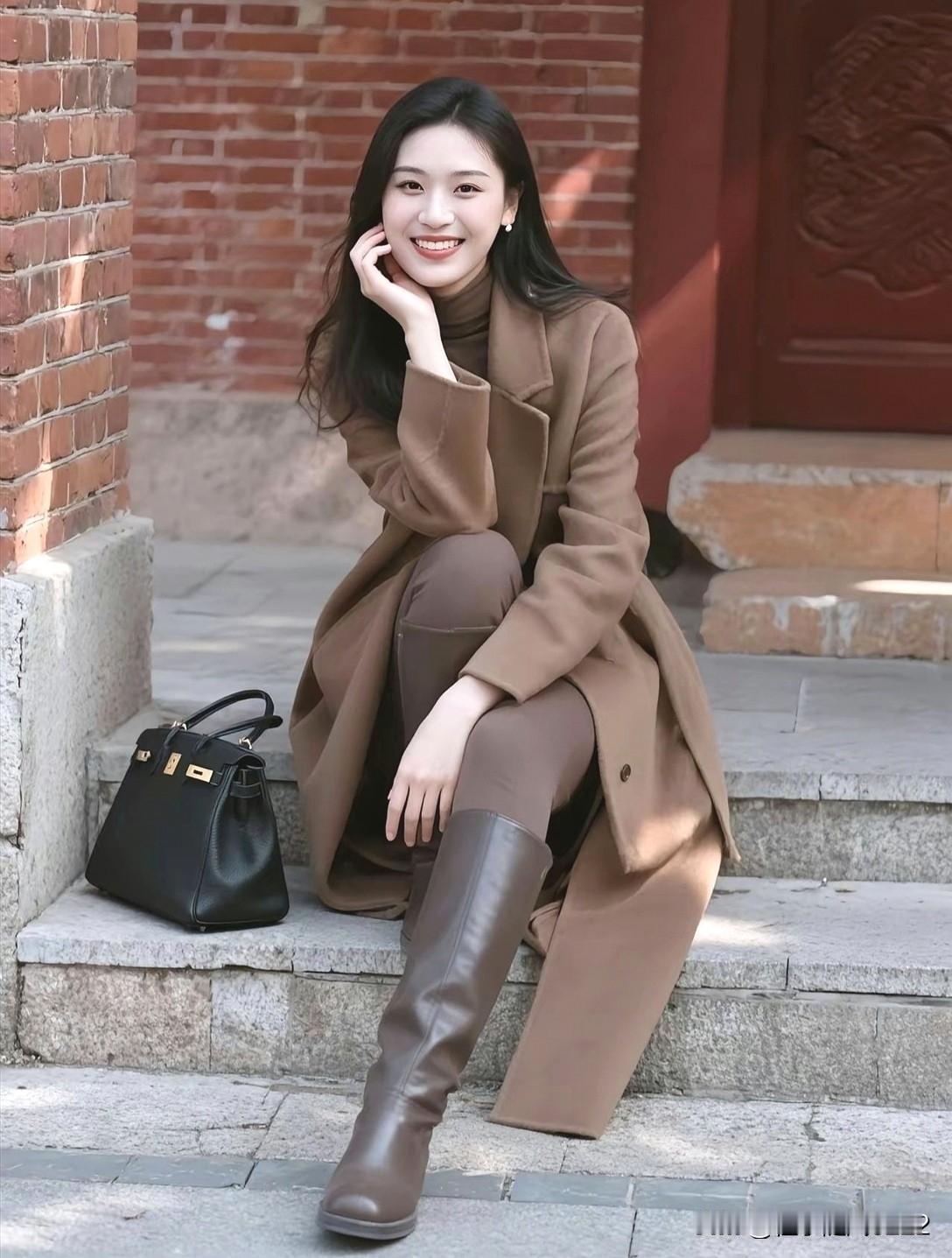 秋日暖阳下，红砖墙边，时尚穿搭，甜美微笑