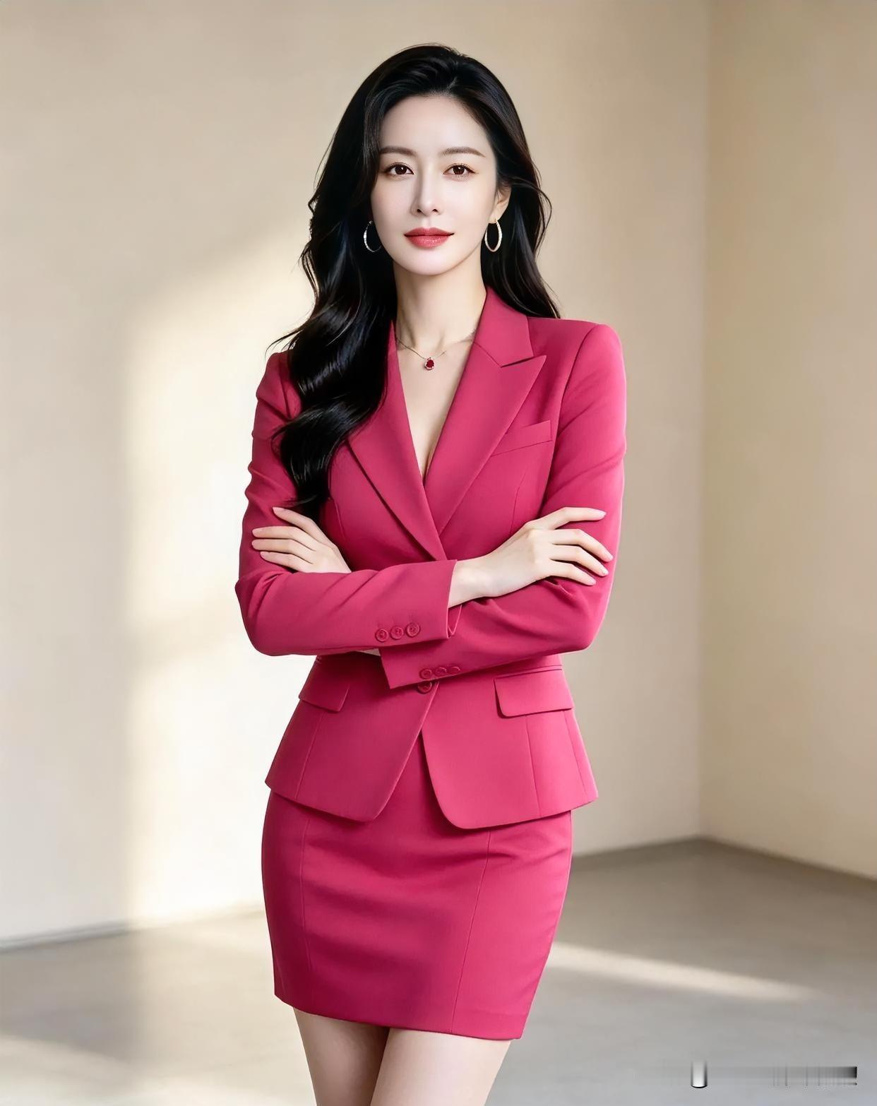 玫红西装裁剪出利落轮廓，裙摆摇曳生姿。光影斑驳间，双臂交叠尽显从容气场。那一抹明