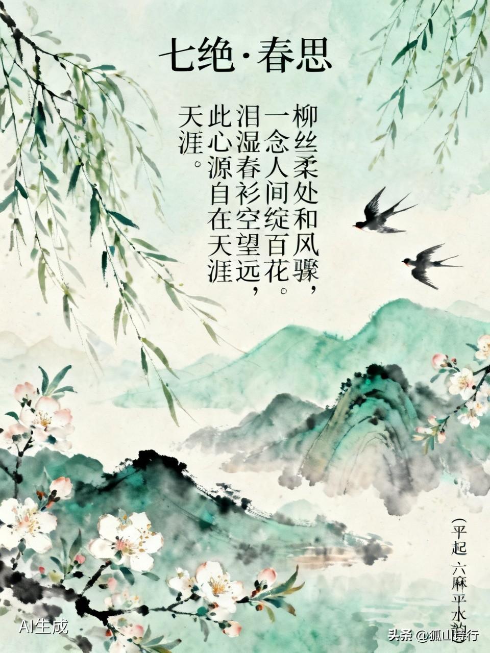 七绝·春思  ［狐山诗行］

柳丝柔处和风骤，一念人间绽百花。
泪湿春衫空望远，