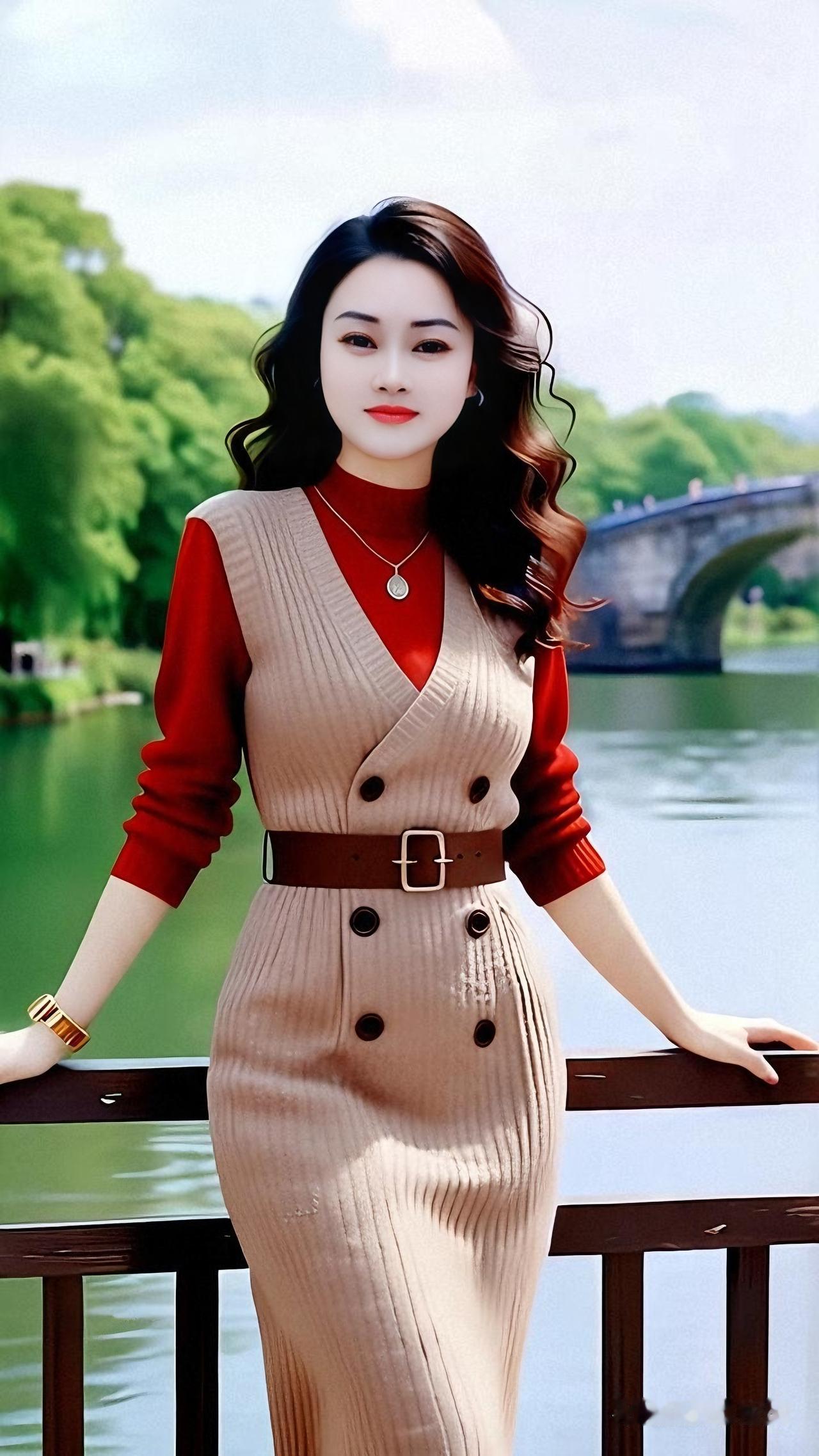 湖畔倩影
碧波澄澈映青林，石桥安卧伴幽音。
鬈发随风增雅趣，红衫衬玉蕴温情。
针