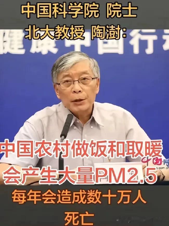 中国科学院院士，北大教授陶澍说:“中国农村做饭和取暖会产生大量PM2.5，每年会