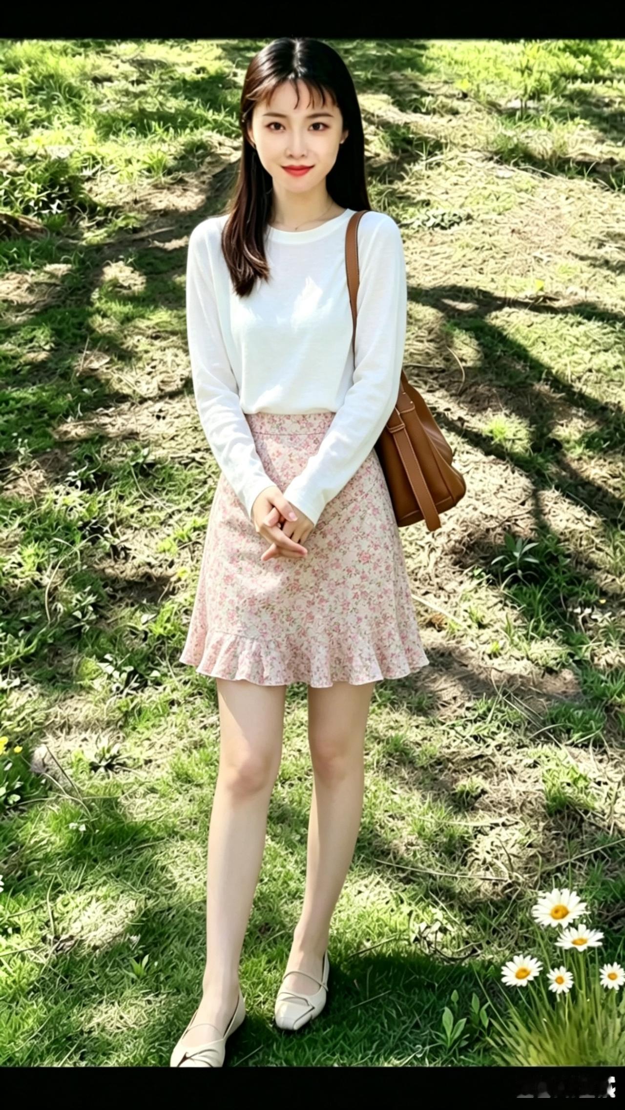 绿草如茵映笑颜，花影摇曳舞轻衫。