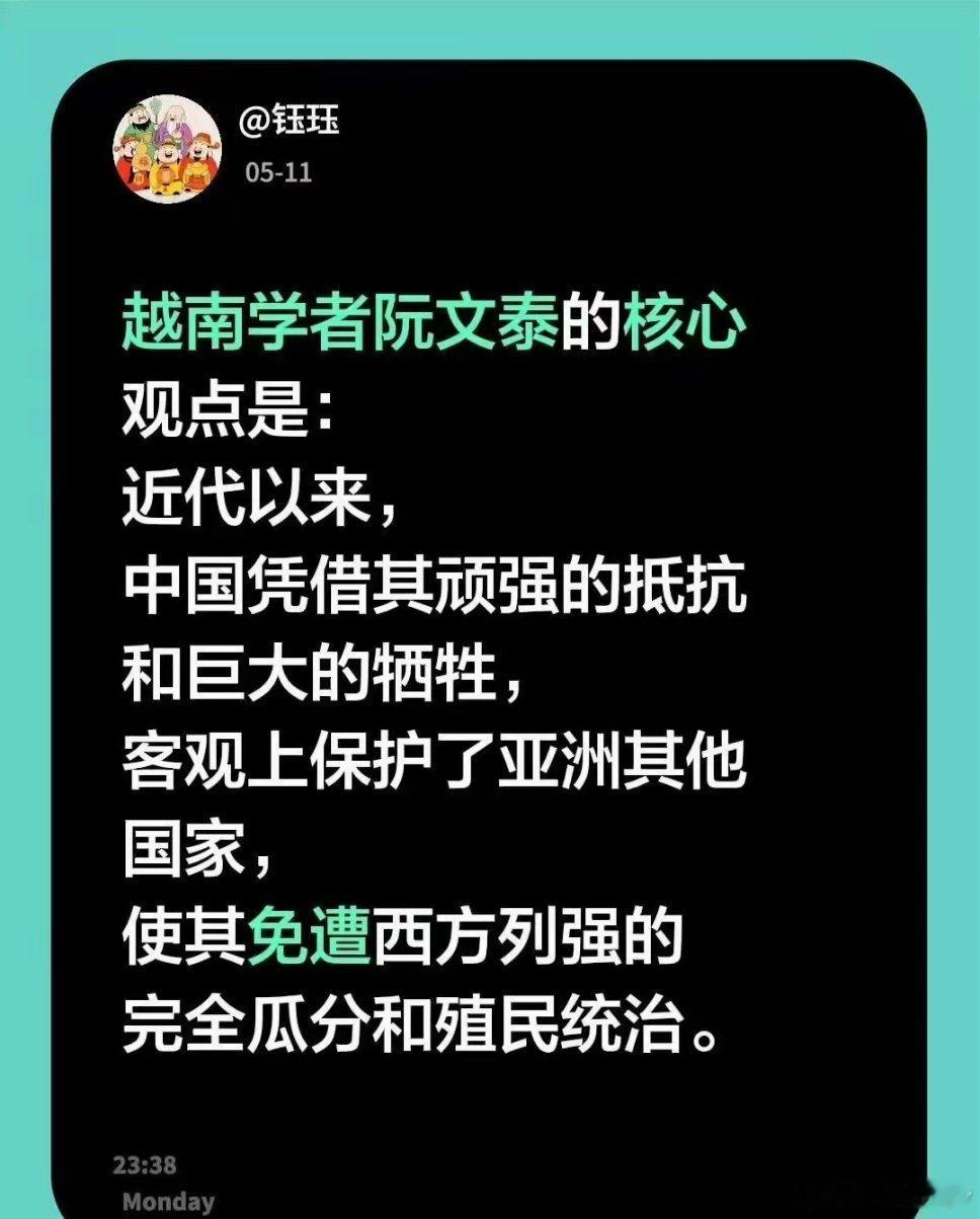 越南学者阮文泰的观点，真的说到了历史本质上。近代以来，中国在苦难中顽强抵抗、付出