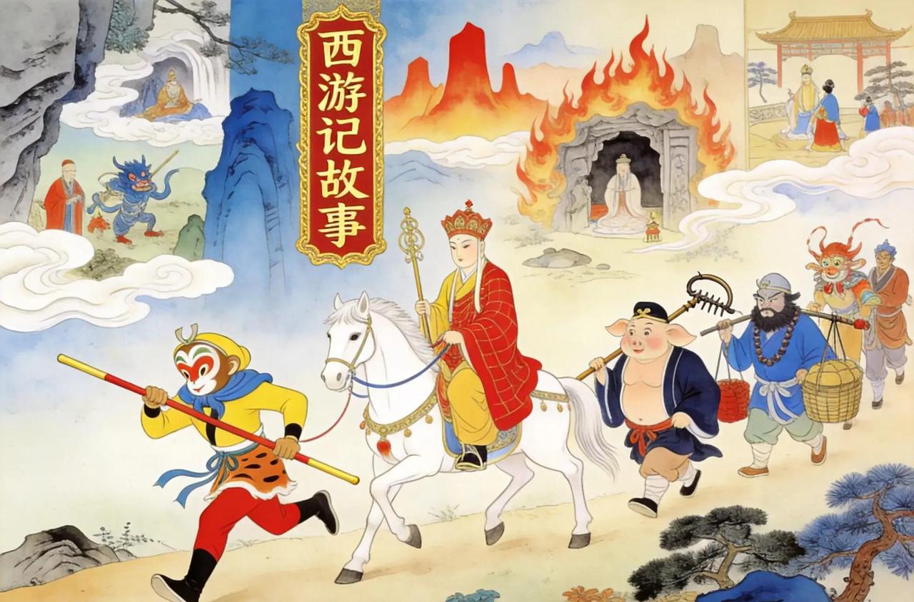 唐僧师徒走到天庭边缘仙果园，猪八戒一见香甜仙果就忍不住狂吞，结果被两个小仙童当场