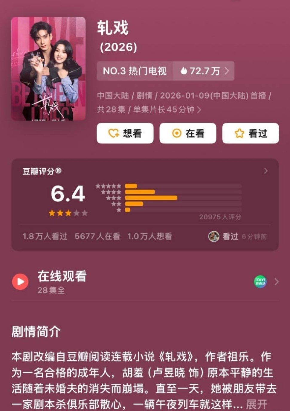 陈星旭、卢昱晓《轧戏》豆瓣开分6.4 