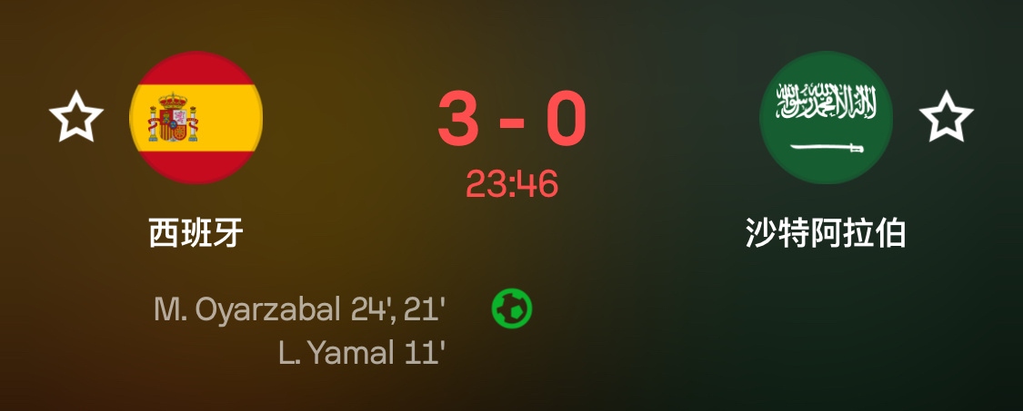 西班牙vs沙特 3-0了 