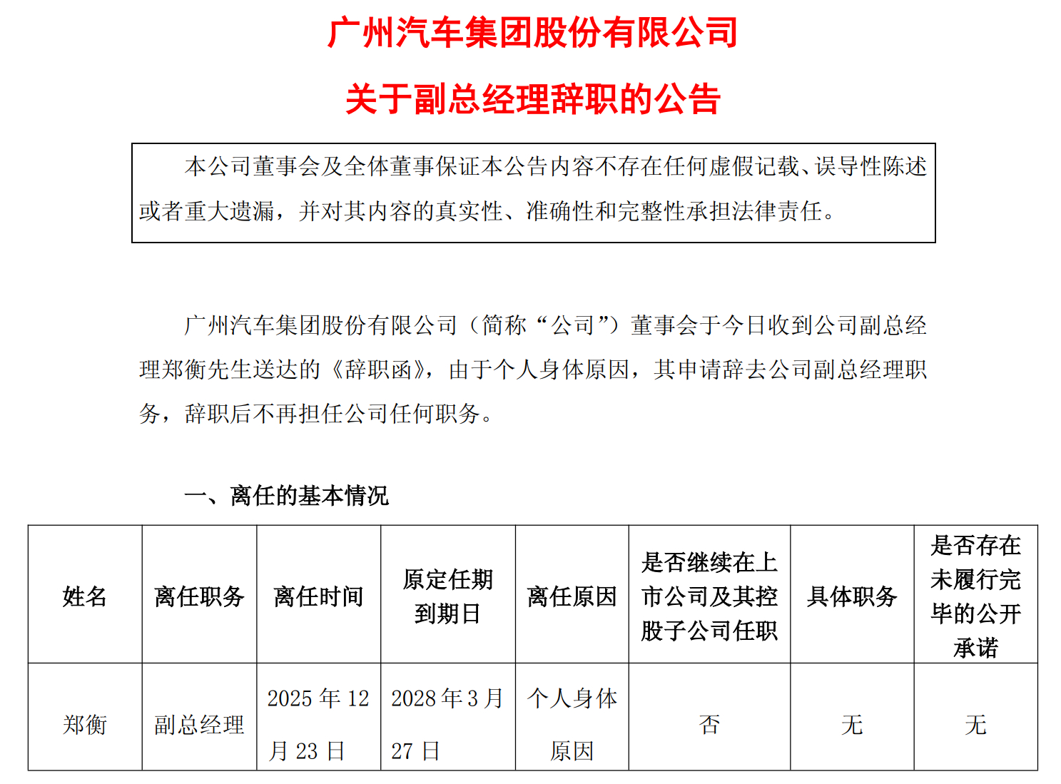 年薪187万！广汽集团副总经理郑衡因身体原因辞职 
