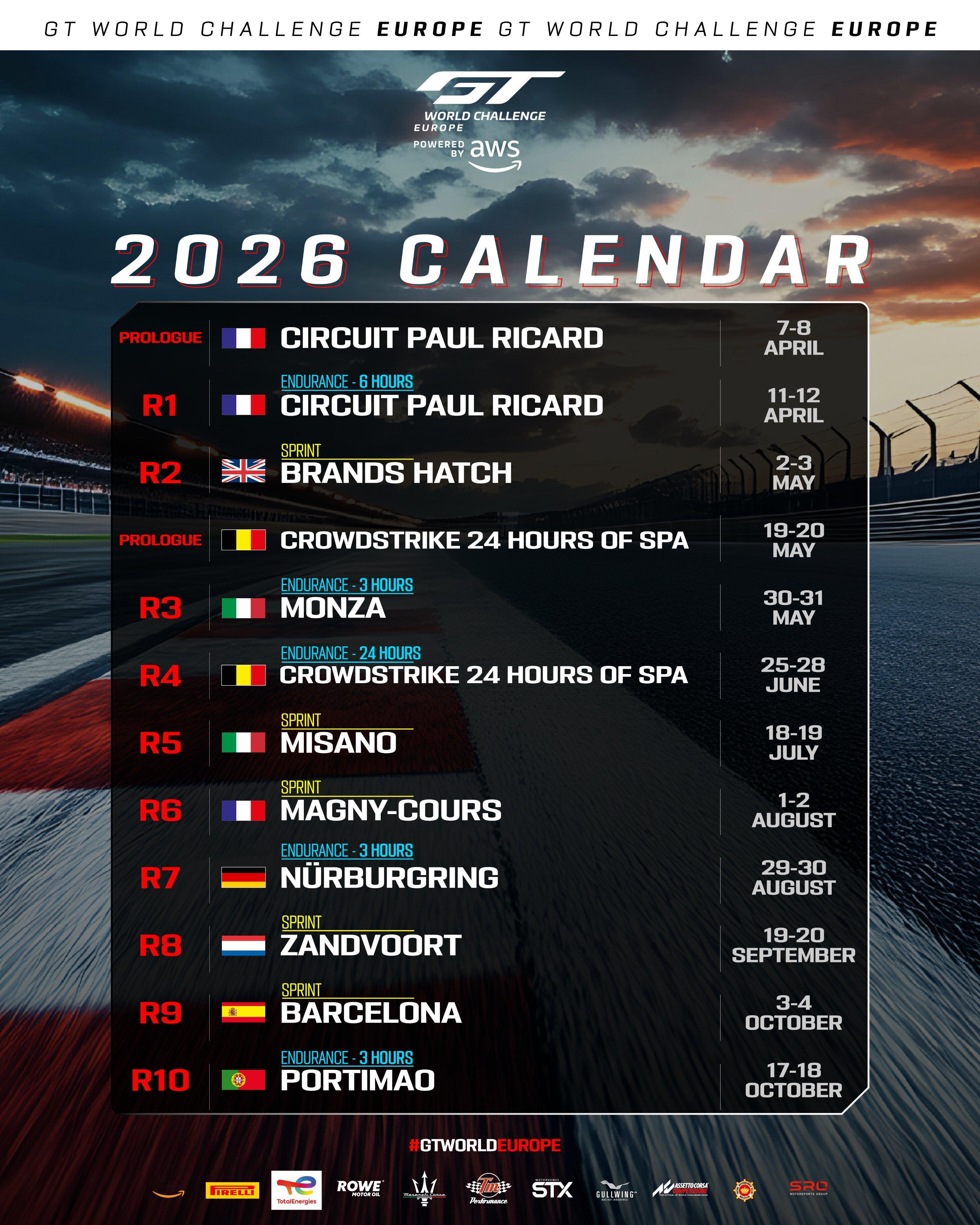GT世界挑战赛欧洲杯2026赛季赛历细节公布：全年10站，冲刺杯耐力杯对半开，跟