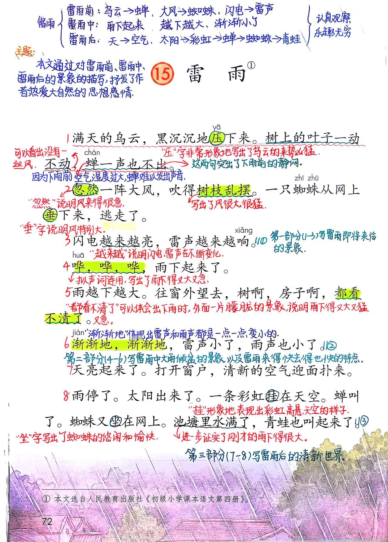 二年级语文下册，第六单元第15课《雷雨》课堂学习笔记，收藏复习～二年级语文