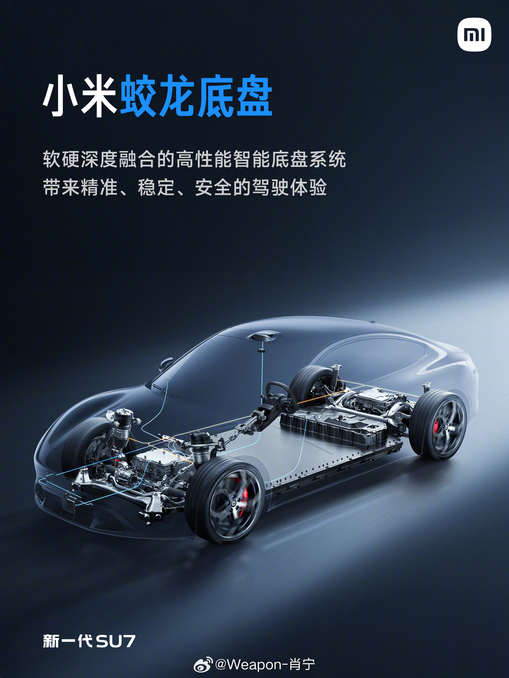 新一代SU7 小米蛟龙底盘，操控更精准，日常驾驶更加从容。全系配备前双叉臂 后五