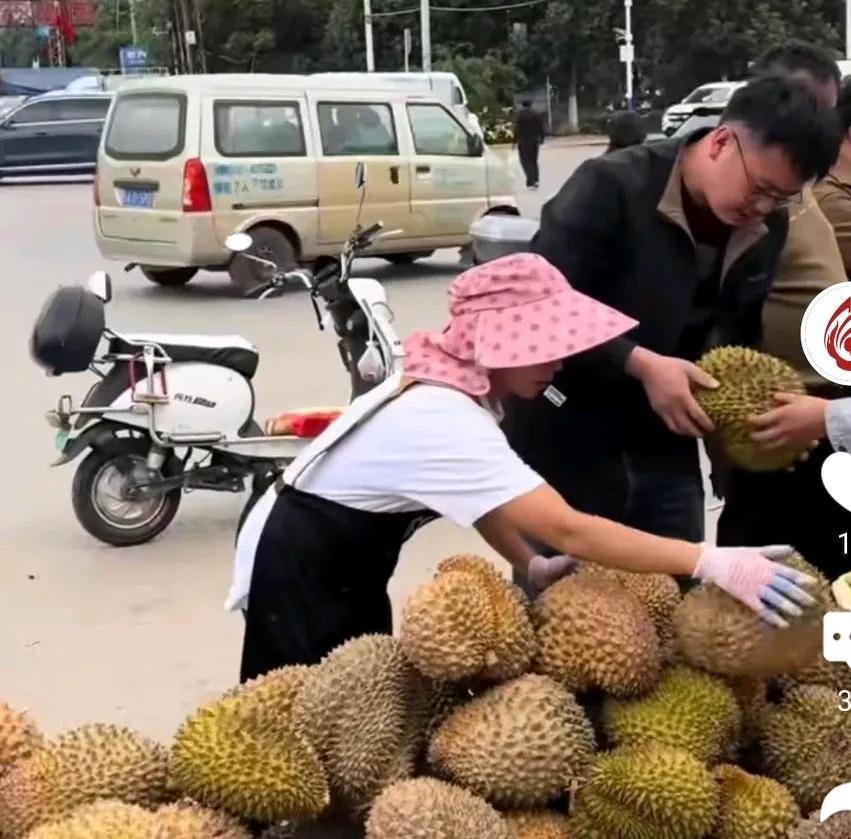金枕榴莲十元一个，昆明一批发市场外惊现廉价榴莲，
摊主用喇叭大声喊着10块1个，