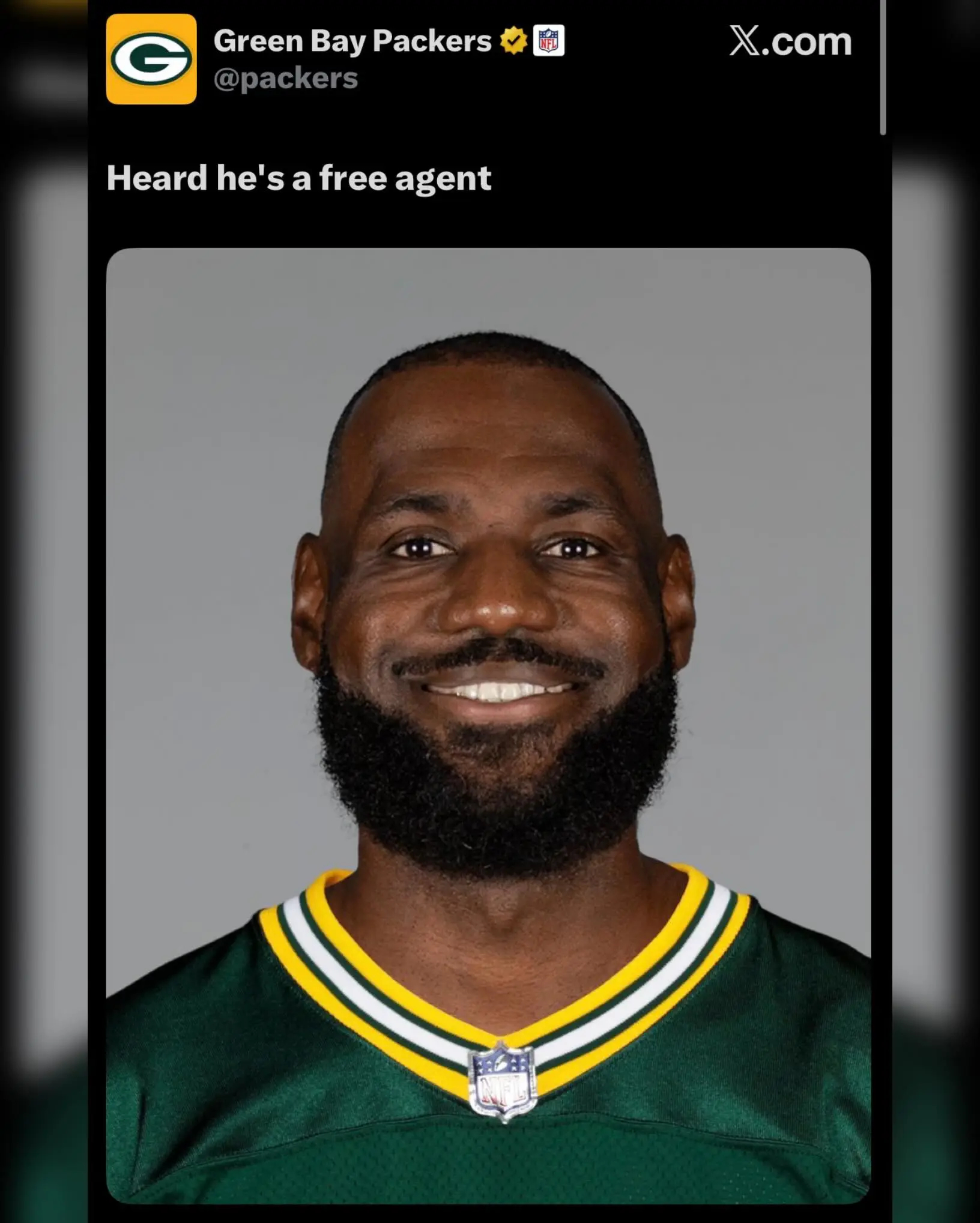 抢着要，NFL绿湾包装工发文招募詹姆斯：“听说他现在是自由球员了？”詹姆斯称曾身