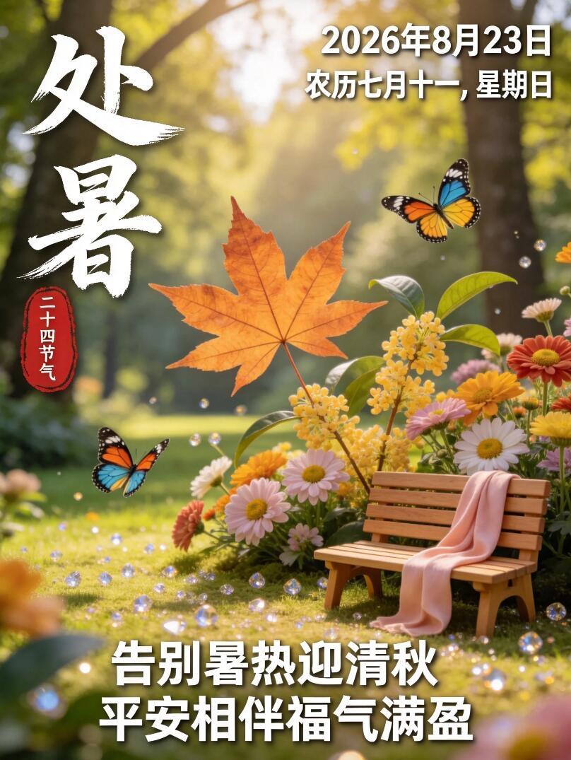 早安！今日迎来2026处暑节气🌤️。暑气渐渐消散，秋风缓缓拂面，告别盛夏的燥热