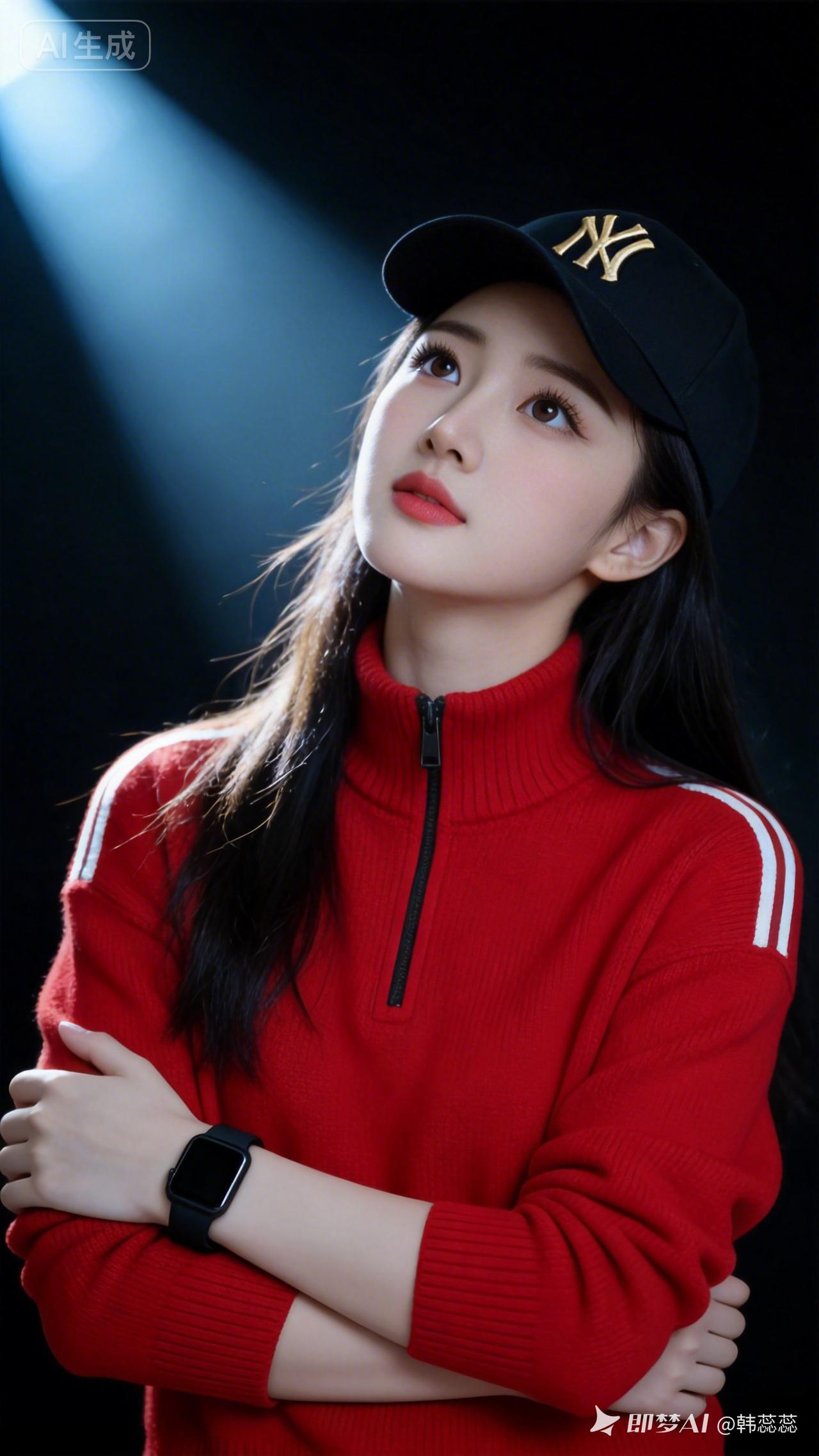 年轻东亚女子，鹅蛋脸白皙通透，黑长发蓬松顺直，圆杏眼明亮，淡粉唇带浅笑。戴黑棒球