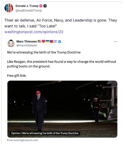 【特朗普谈伊朗：“他们的防空系统、空军、海军和领导层都完了。” 他们想谈谈。我说