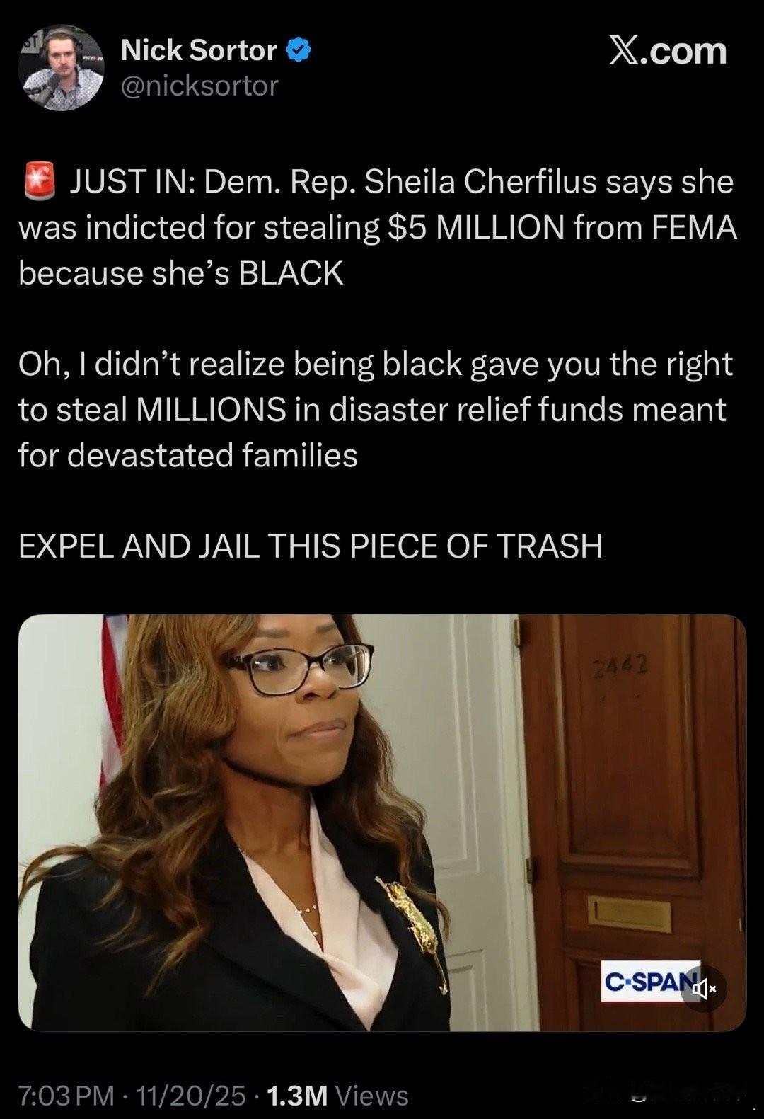 最新消息：民主党众议员 Sheila Cherfilus 称，她因从 FEMA（