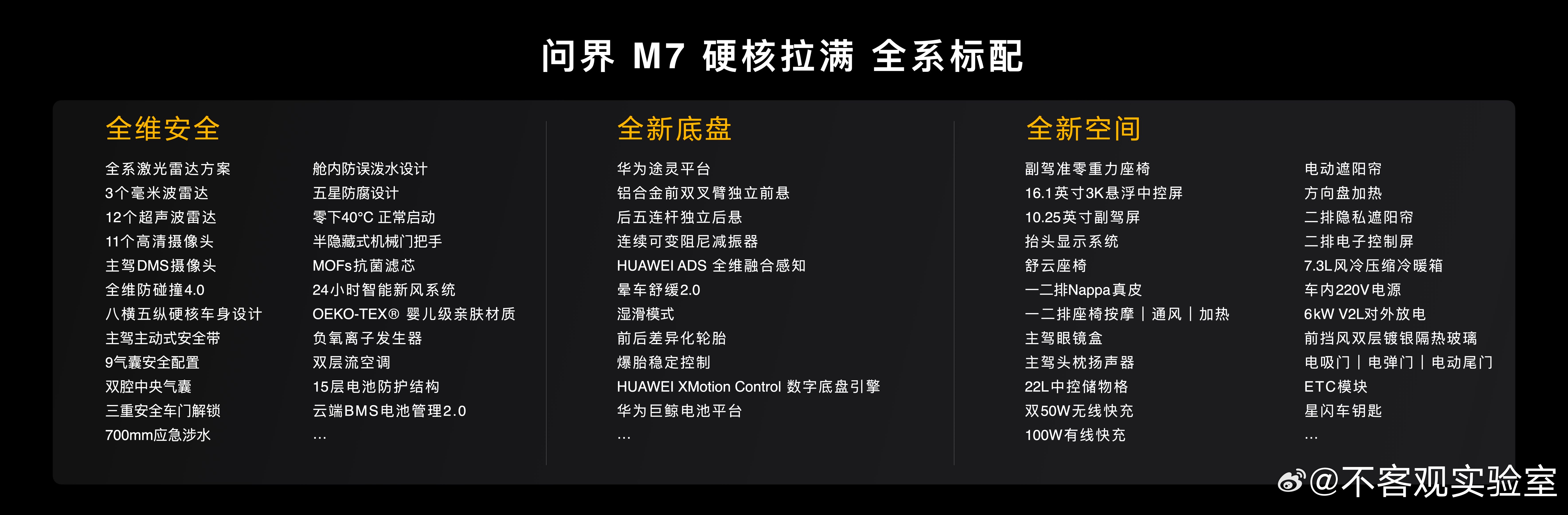 问界M7座舱全系标配26项舒适配置 全新问界M7以超60项全系标配，包括激光雷达