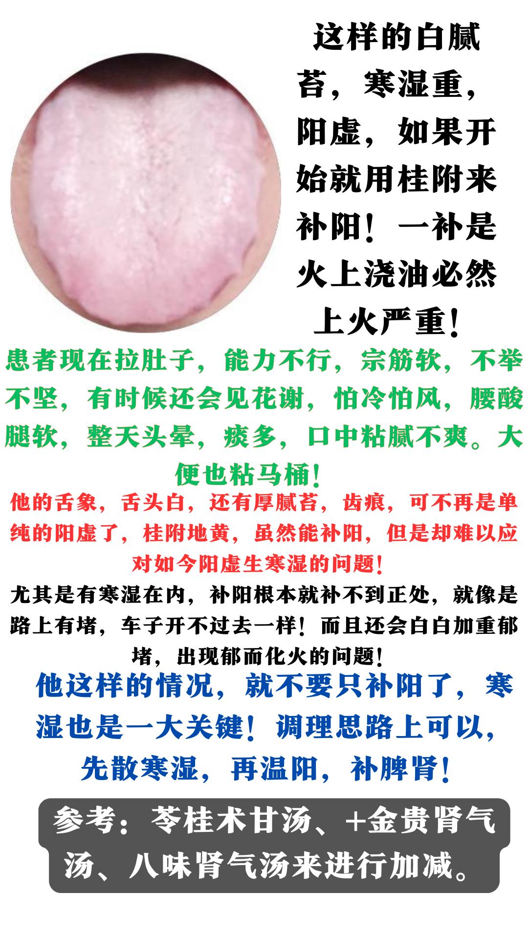 这样的白腻苔，寒湿重，阳虚，如果开始就用桂附来补阳！一补是火上浇油必然上火严重！