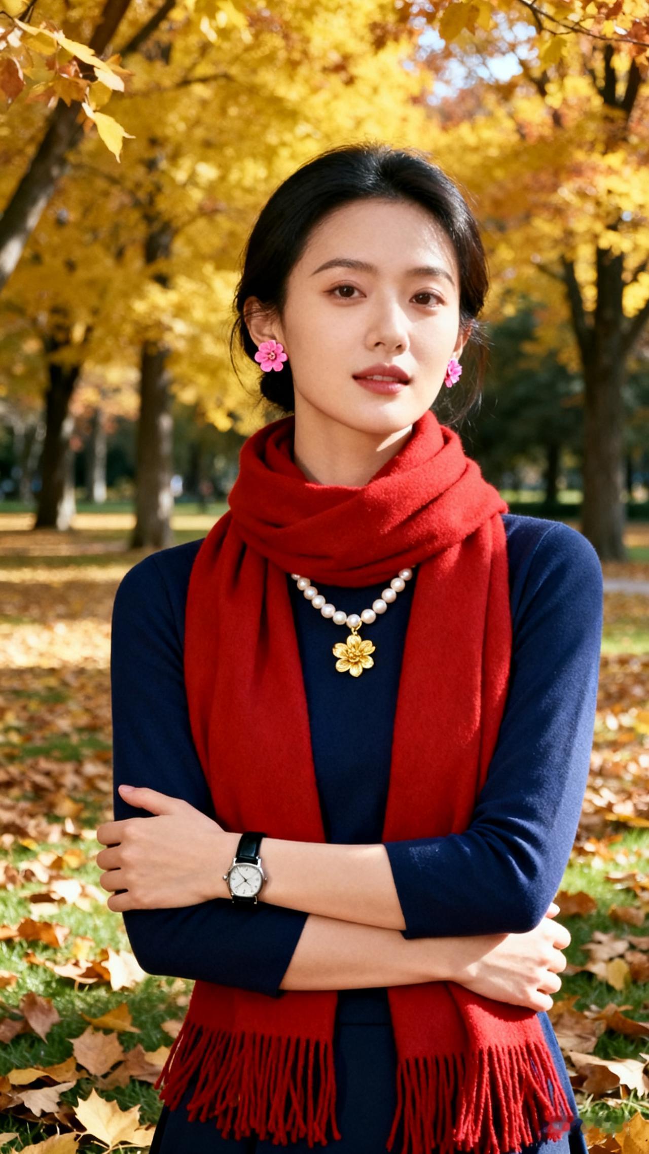 秋日公园里女子着深蓝长袖，大红色流苏围巾绕颈，手搭围巾抱臂立在落叶草地，雅致温暖