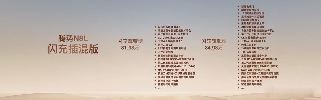 9月14日，腾势N8L纯电正式上市，推出闪充尊荣型、闪充旗舰型两个版本，官方指导