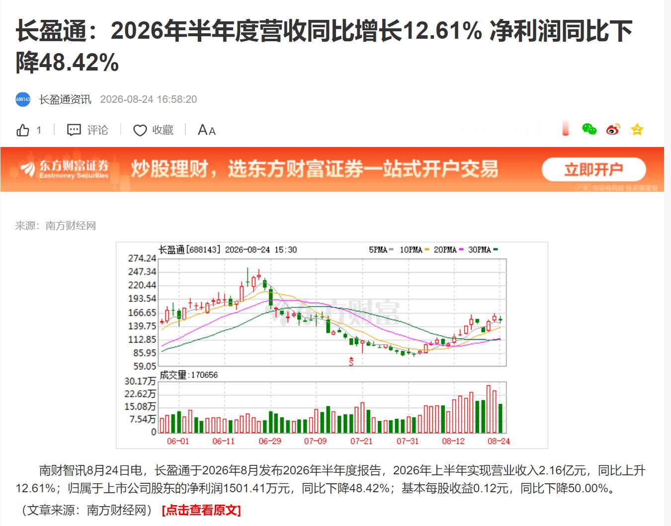 长盈通：2026年半年度营收同比增长12.61% 净利润同比下降48.42% 