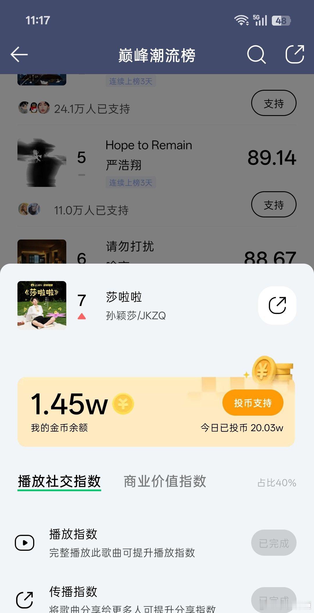 qq音乐生态首席代言人孙颖莎 今天投币20.03w[yeah] ​​​