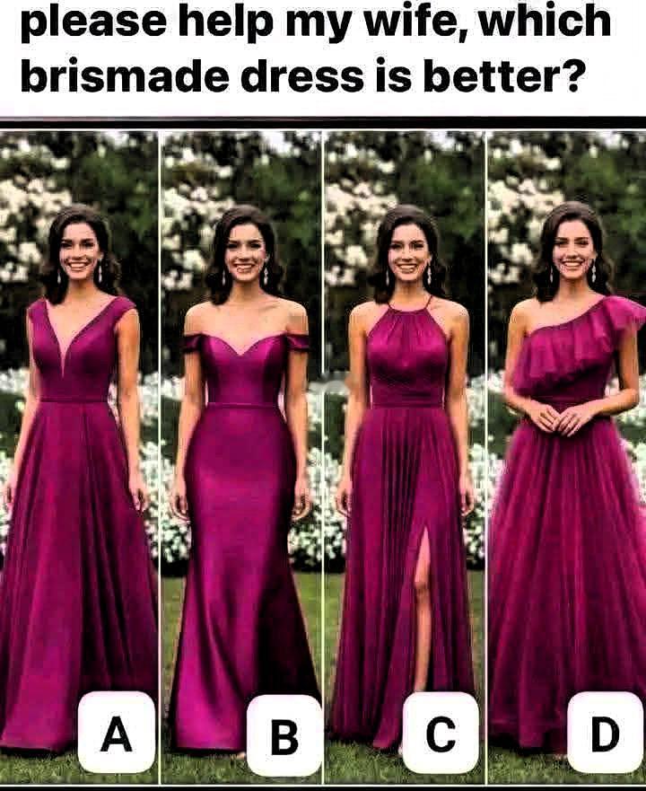请帮我妻子推荐一款更好的新娘礼服！

我选A，你呢？