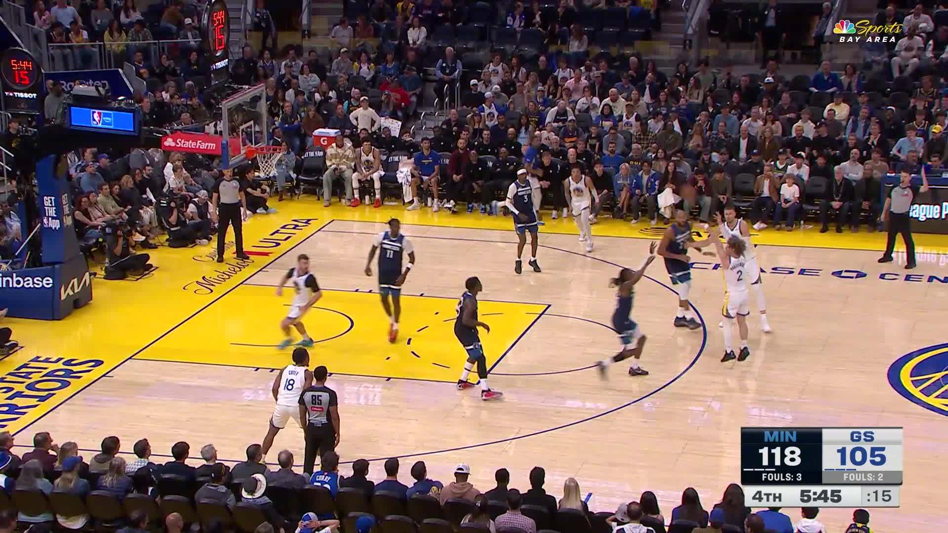 波齐姆斯基三分出手即命中！勇士108:120森林狼。森林狼vs勇士