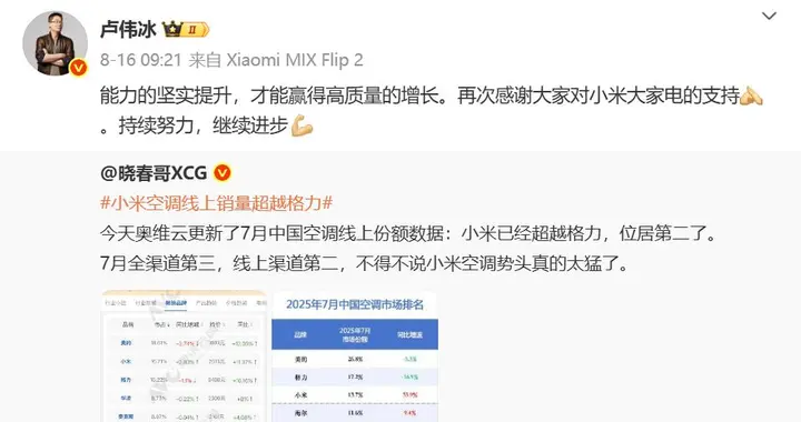 格力朱磊喊话小米，线上空调“二哥之争”未熄火