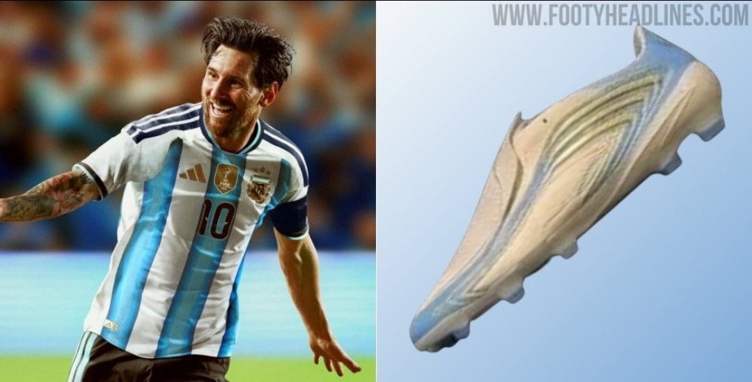 为梅西2026年世界杯设计的专属战靴正式亮相。这款战靴采用白色、金色和天蓝色，阿