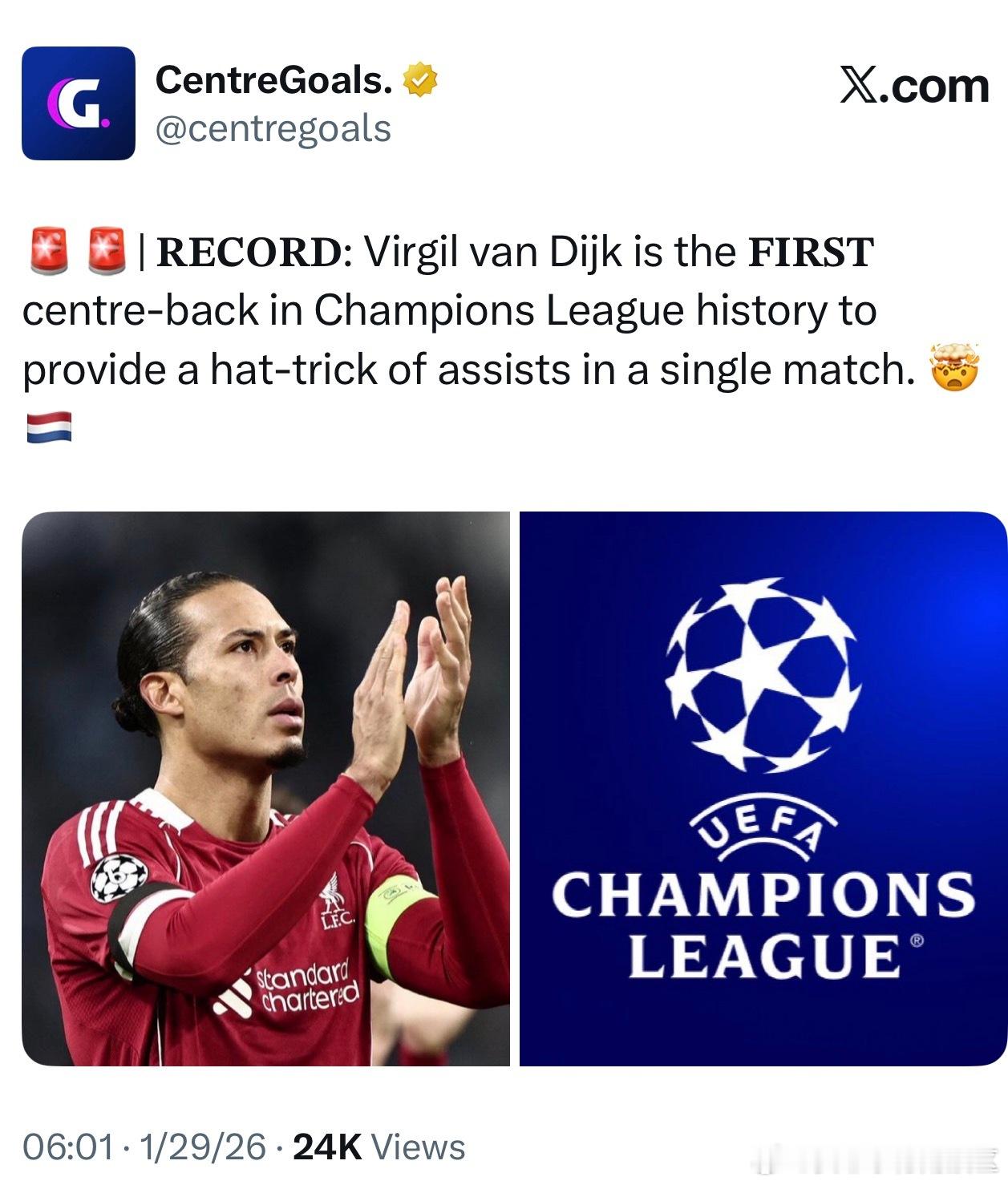 一不小心破了个记录范迪克是欧冠历史上第一个单场送上助攻帽子戏法的中后卫 