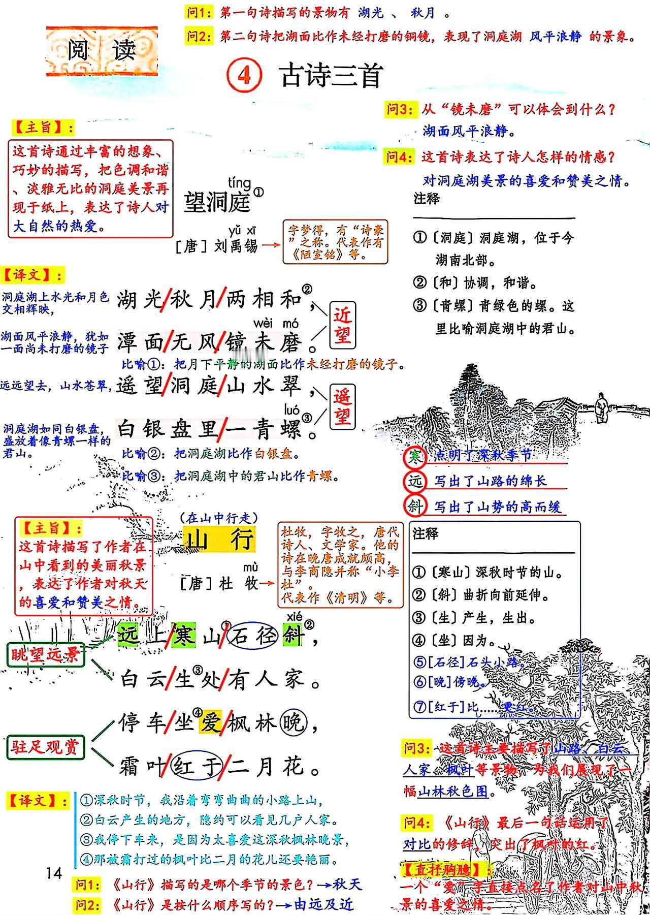 三年级上册语文，第二单元阅读4《古诗三首》课堂学习笔记，暑假提取预习