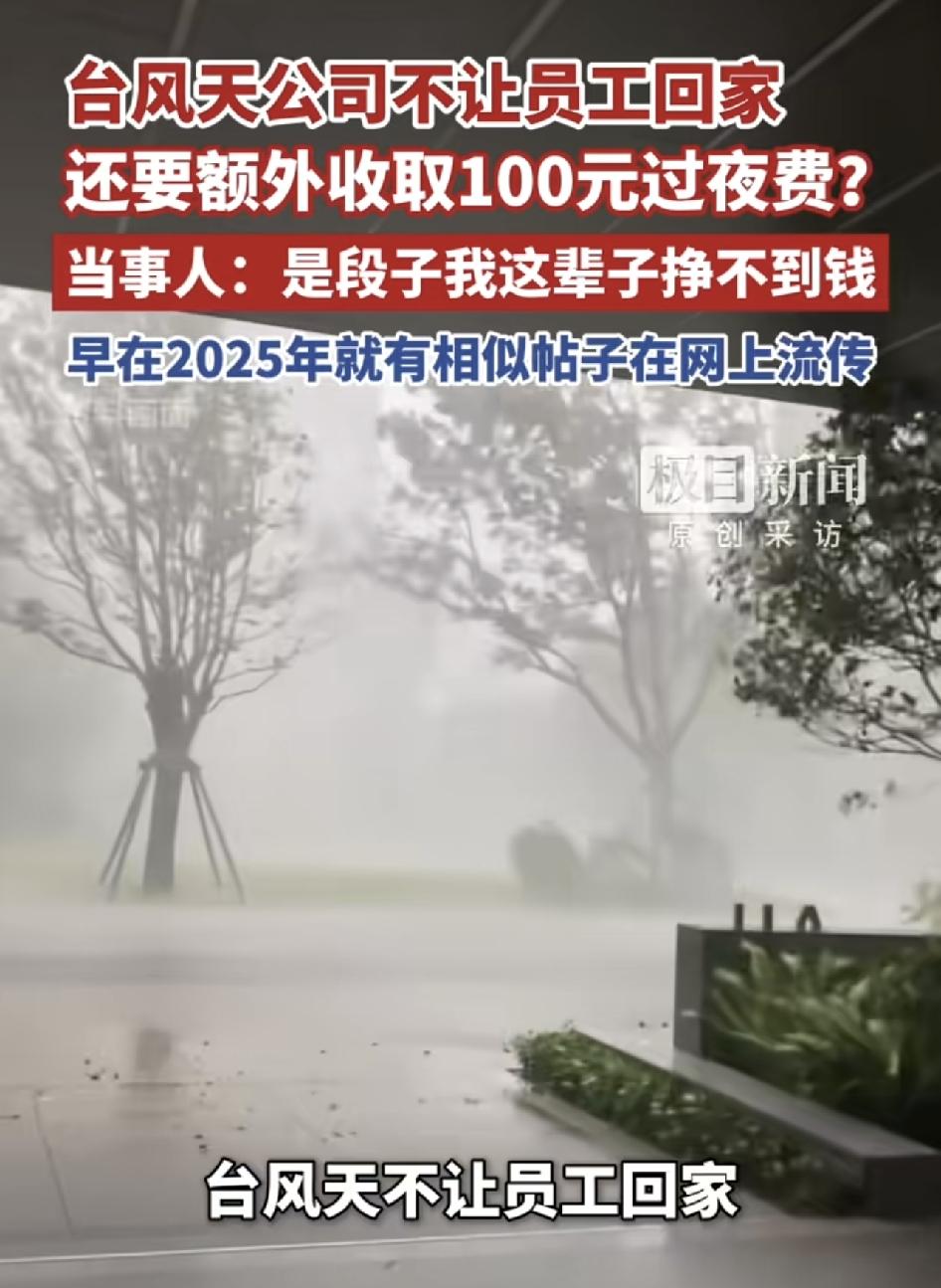 台风天不让回家就算了，睡公司还得倒贴100块过夜费？这事儿最近在网上炸了。

网