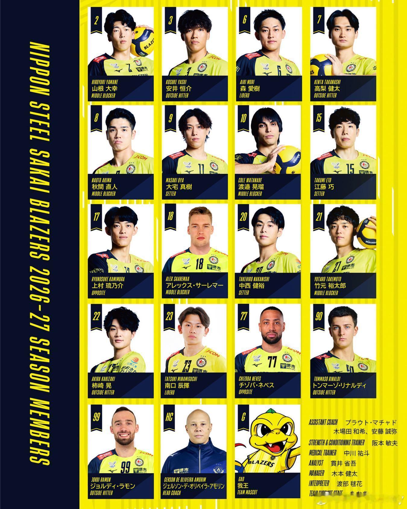 【日超大阪钢铁堺开拓者2026-27赛季完整阵容名单】主攻：山根大幸（2）、安井