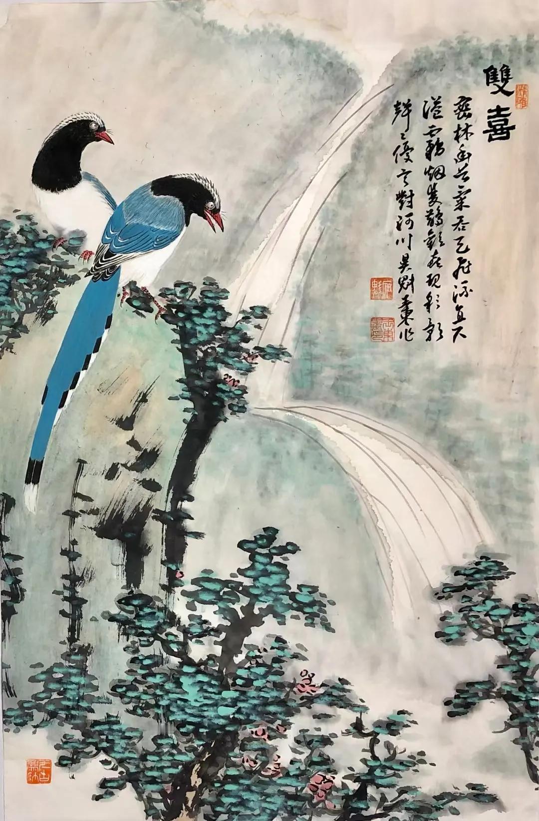 王东老师，精品
​诗情画意
双喜
70*45厘米
密林幽谷气吞天
飞流直下溢雾烟