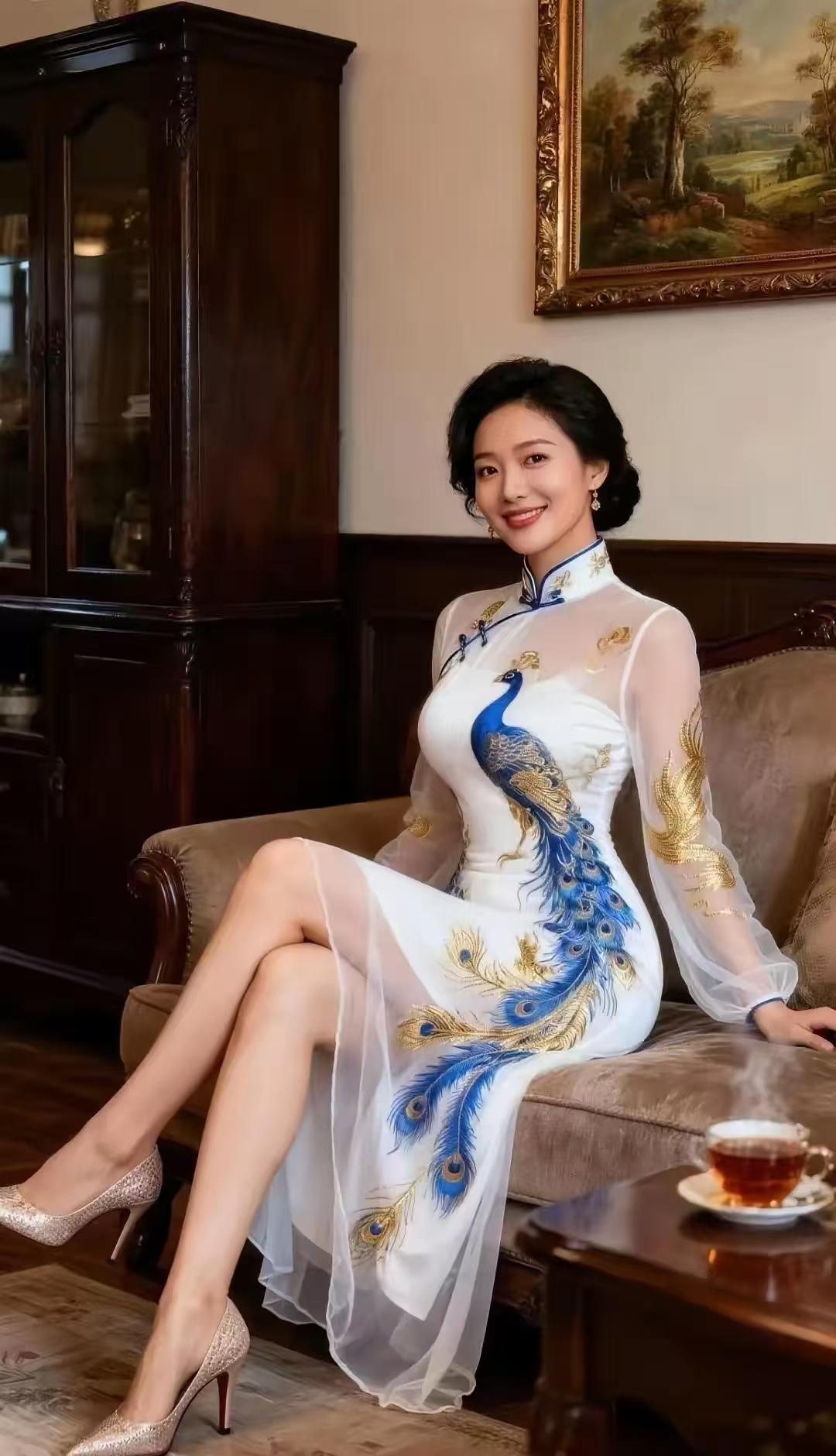 捣练子·旗袍佳人
裁素练，绘金翎。
蓝袂盈香映画屏。
浅坐玉阶闲啜茗，
笑谈风雅