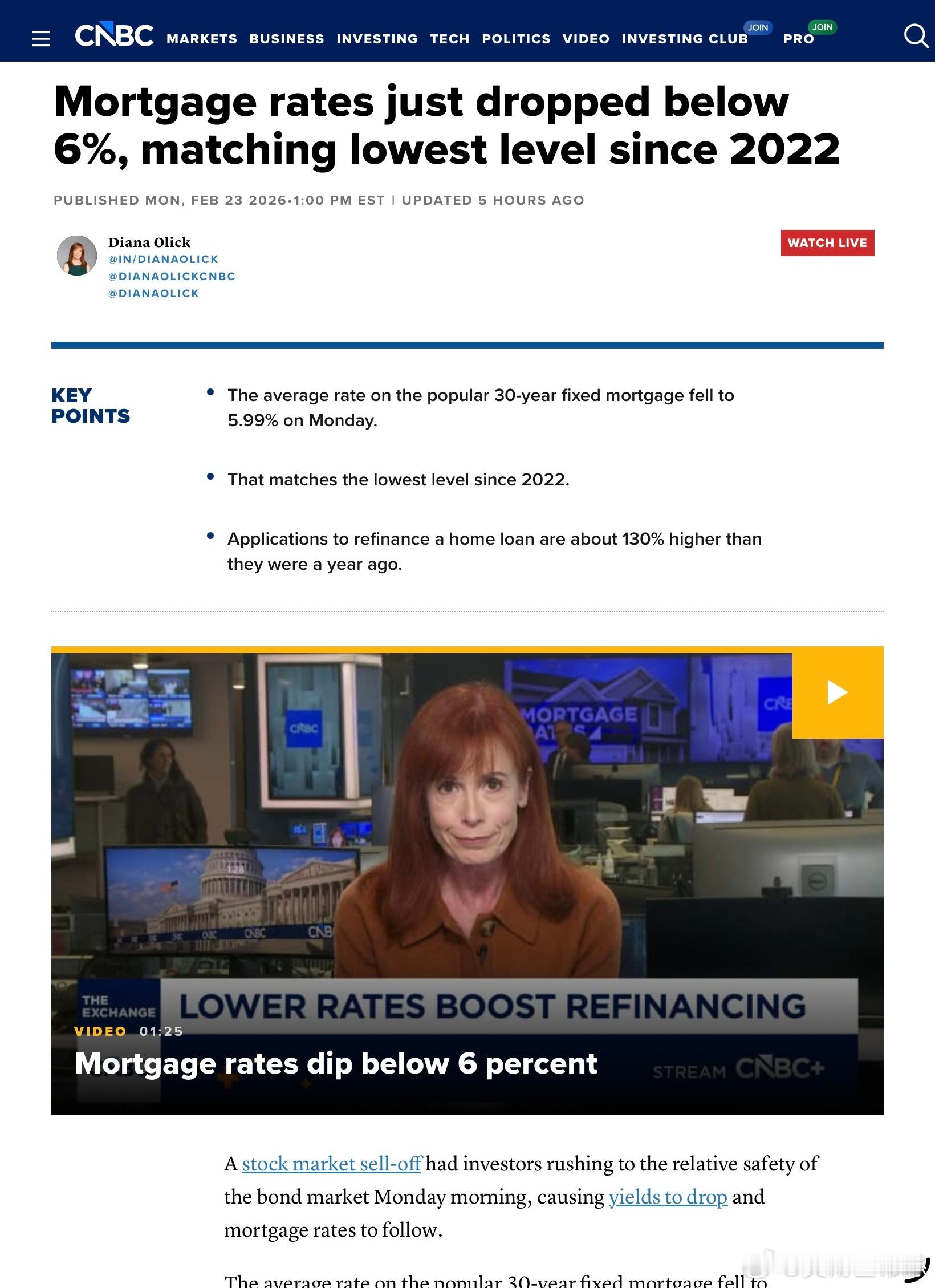 房貸利率剛剛跌破6%，回到2022年以來的最低點熱門的30年期固定房貸利率平均利