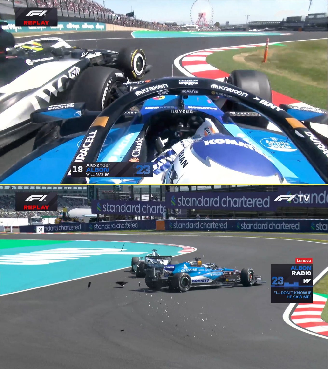 阿尔本和佩雷兹发生碰撞（佩雷兹进弯前没看到右后方的阿尔本）💥F1赛车2026F
