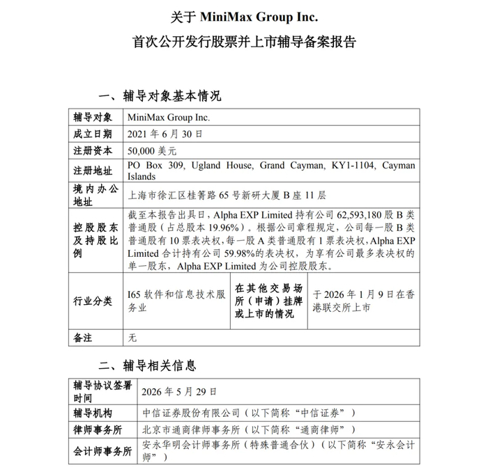 MiniMax启动A股上市辅导 