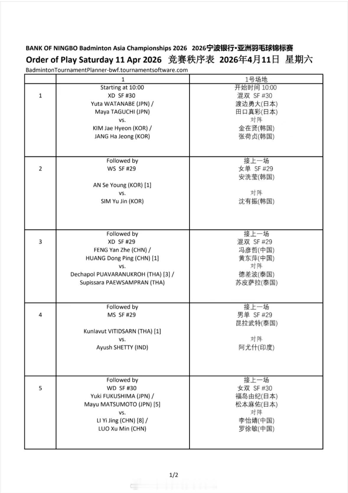 1号场地 10:00混双 半决赛 第1场 渡边勇大/田口真彩 VS 金在贤/张荷