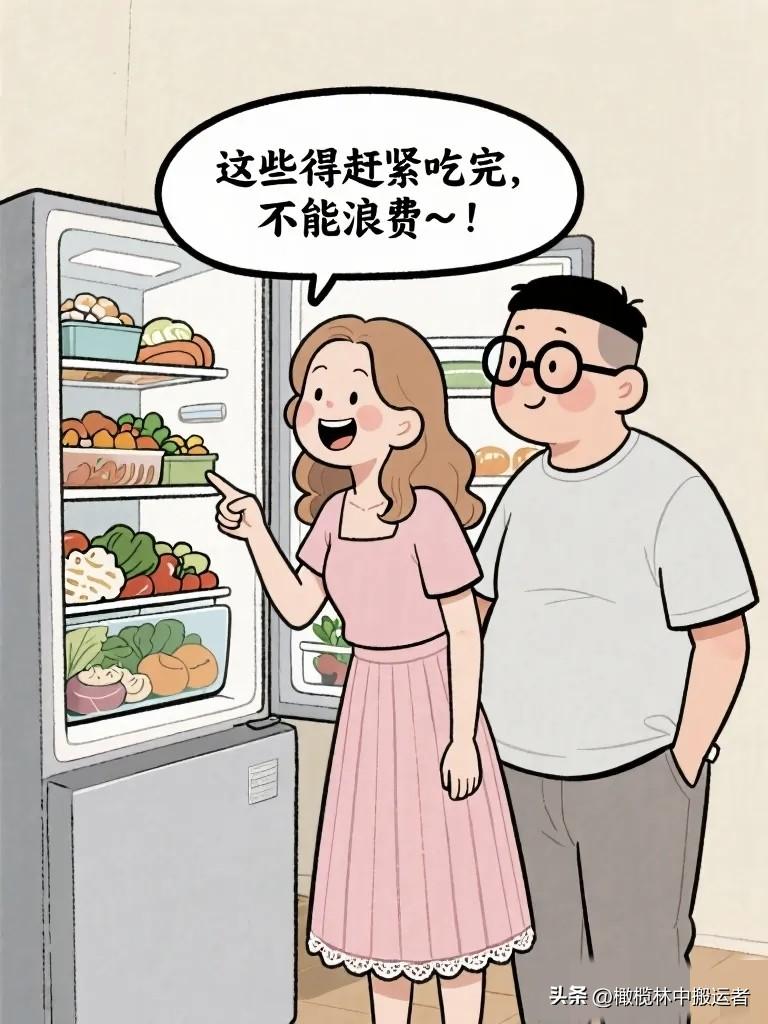 搞笑漫画：年后冰箱里塞满了剩菜，老婆：“这些得赶紧吃完，不能浪费。” 老公吃了三