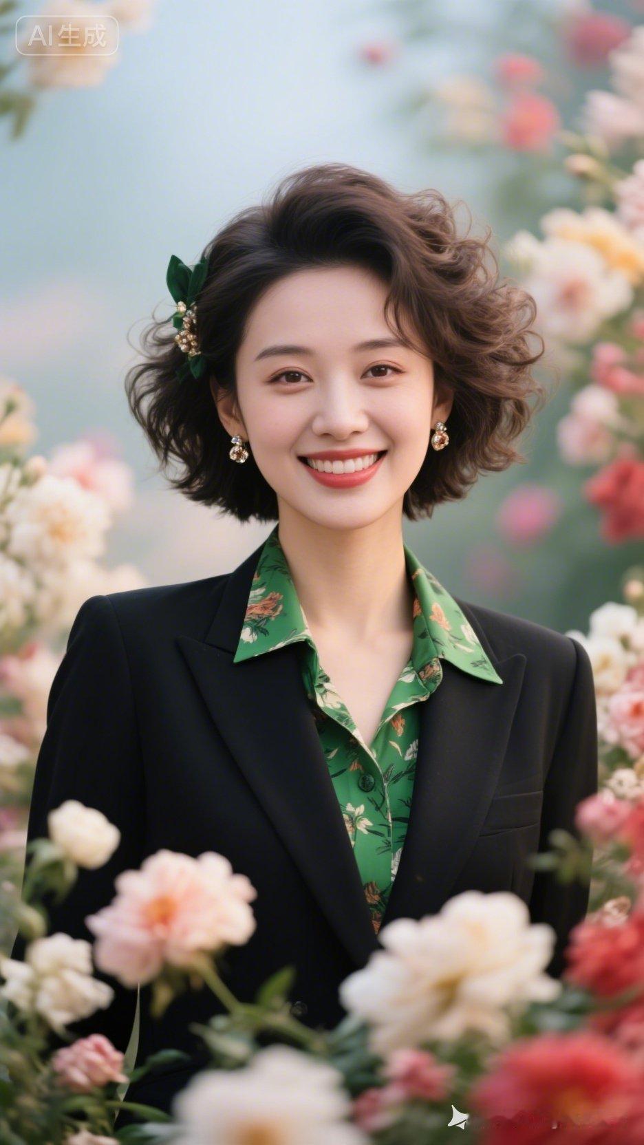 优雅绿意衬衫搭配黑色西装，花海中的甜美笑容🌸💚✨