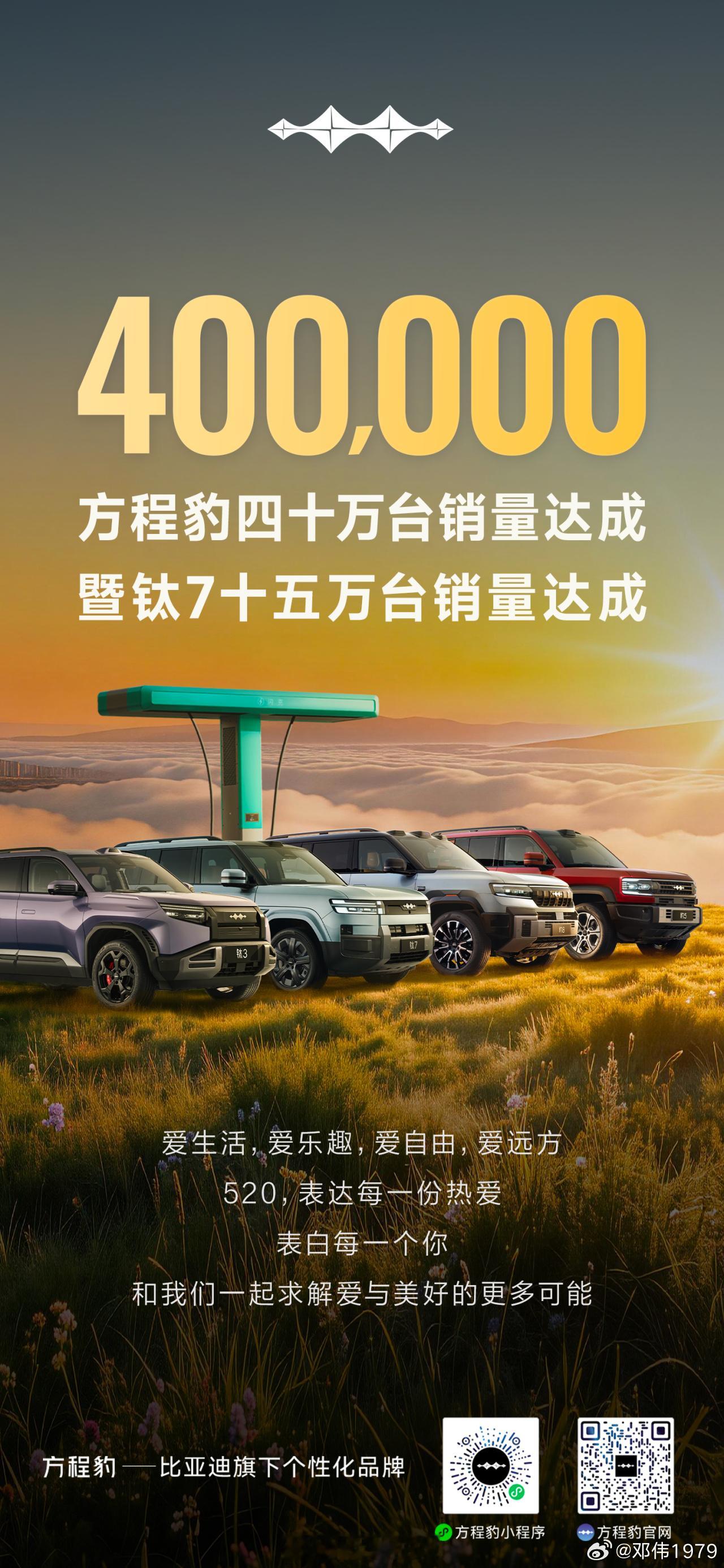方程豹 品牌成立不到3年，4台车40w台销量达成钛7 上市不到1年，15w台销量