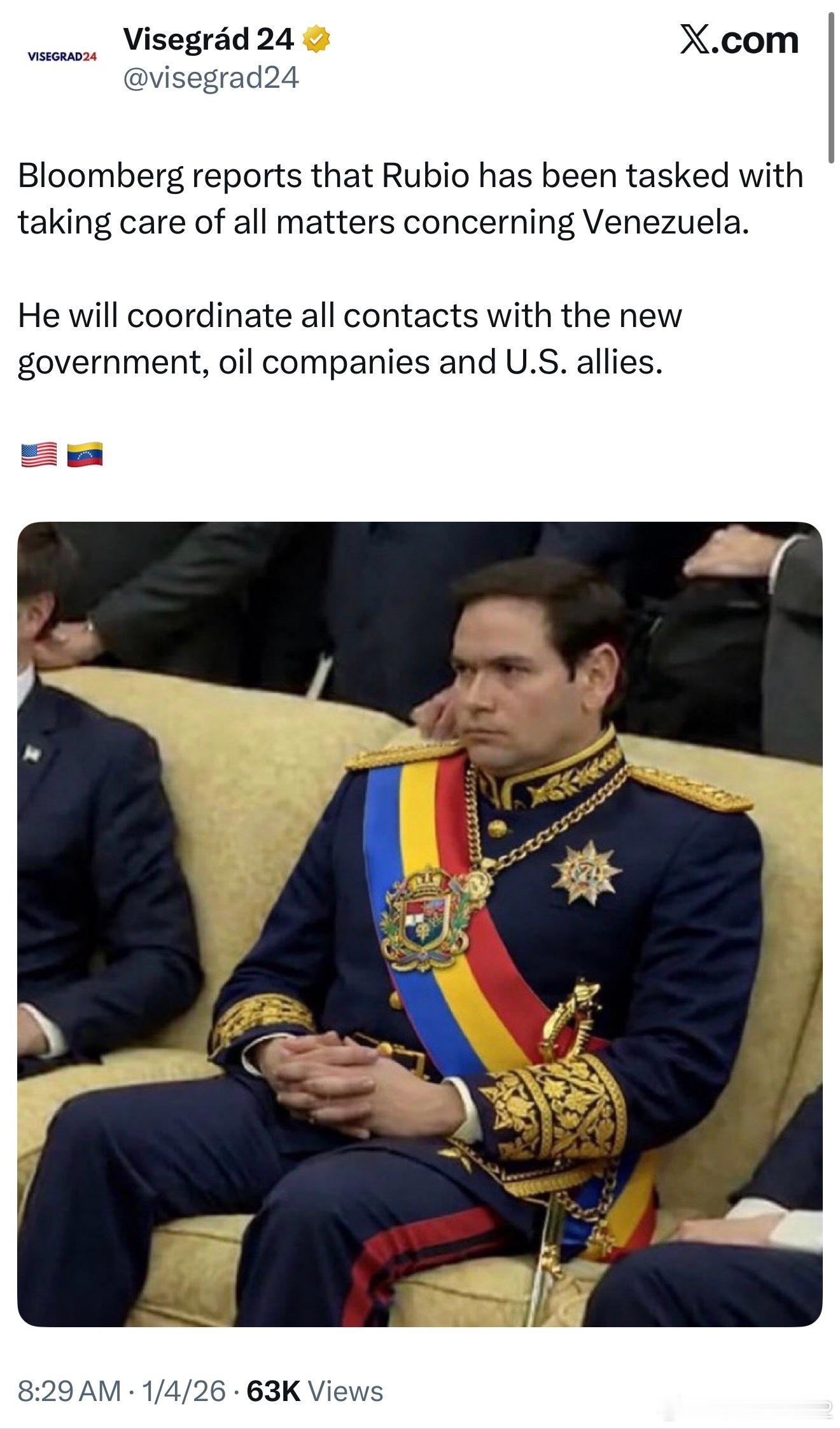 彭博社报道称，鲁比奥已被委派负责处理所有与委内瑞拉相关的事宜。他将协调与新政府、