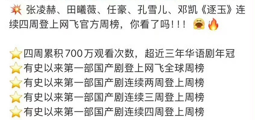 张凌赫田曦薇逐玉连续四周登网飞周榜逐玉连续四周登网飞周榜《逐玉》连续四周稳坐网飞