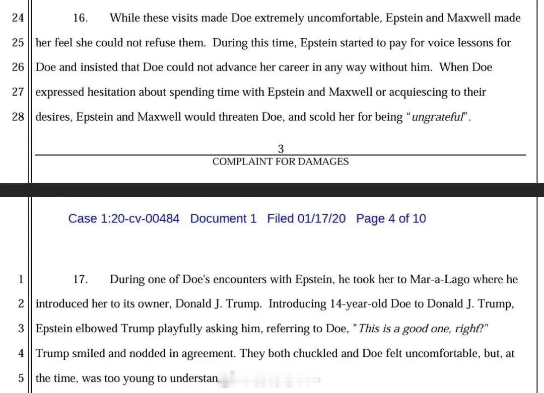 爱泼斯坦案法庭文件关于特朗普摘录：图1、2 在多伊（化名）与爱泼斯坦的一次会面中